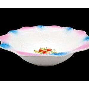 Serving Bowl SC Co Akron Pink Blue Scalloped Edge Cherries 10.5" 1940s Antique